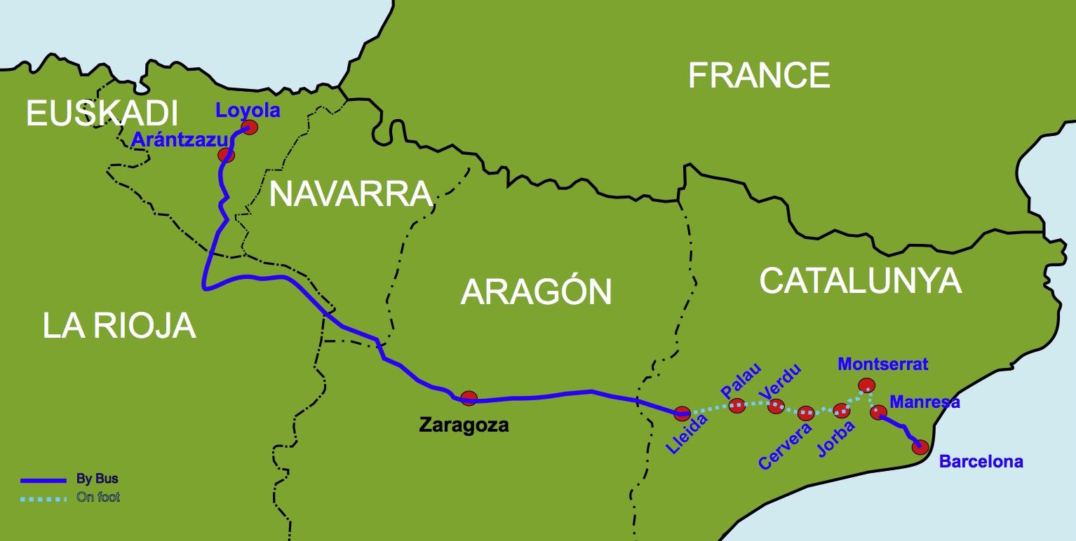 map detailing the route of the pilgrims from Loyola to Barcelona